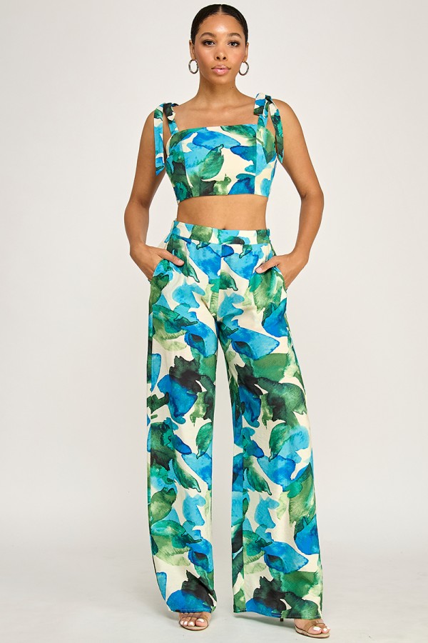 CSS0037 / Spring Haze<br/>Floral crop top and wide leg pant set