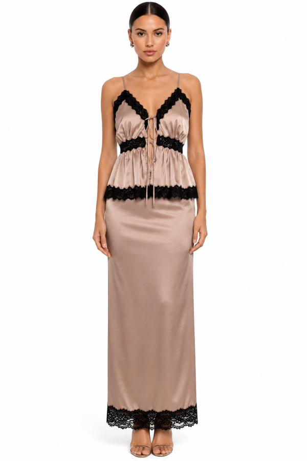 CSS0043 / Spring Haze<br/>Stretch satin with lace trim top and skirt set