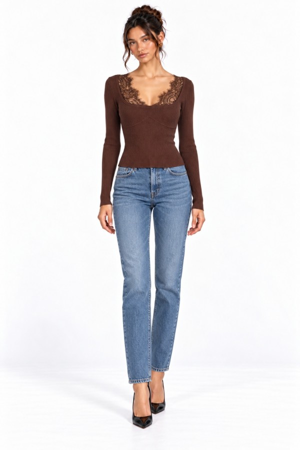 CST0085 / Spring Haze<br/>Lace Trim Ribbed Long Sleeve Top
