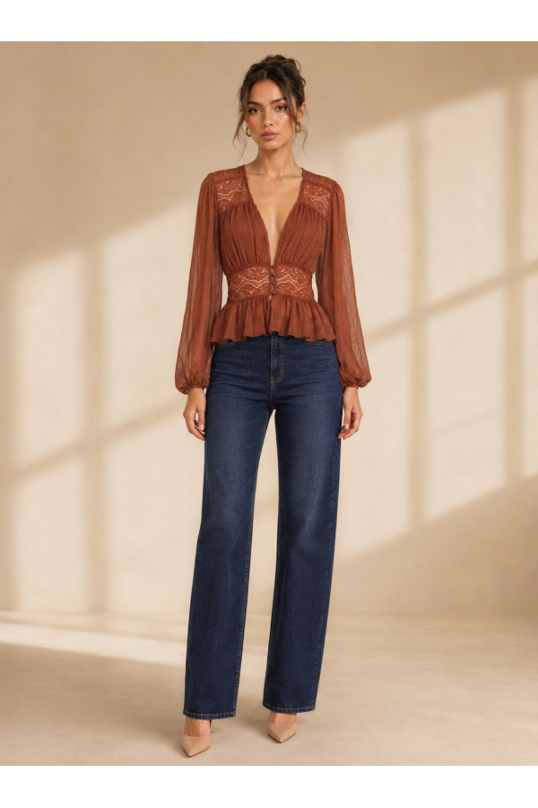 CST0117 / Spring Haze<br/>Long sleeve deep v-neck woven top