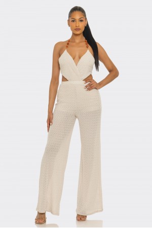 P8601 / Spring Haze<br/>Textured fabric with stone halter jumpsuit
