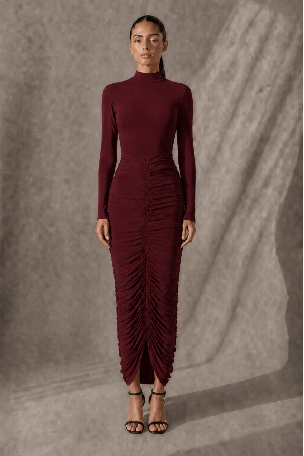 SHD3556 / Spring Haze<br/>Solid, mock neck, long sleeve shirring maxi dress