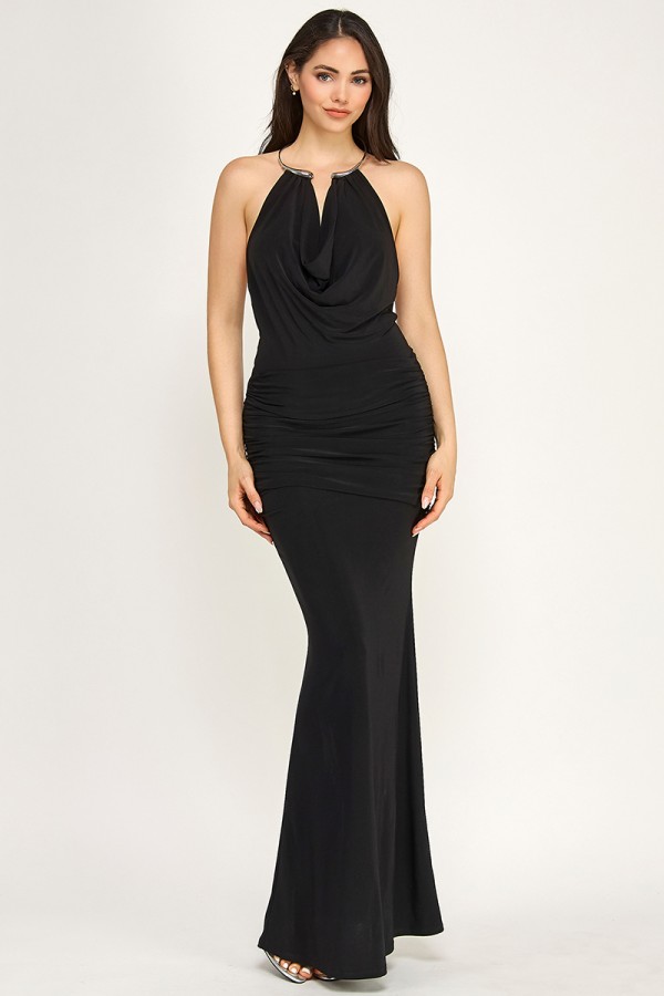 SHD3601 / Spring Haze<br/>Necklace silver trim cowl neck maxi dress