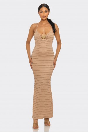 SHD3633 / Spring Haze<br/>Texture fabric, shell metal trim halter maxi dress