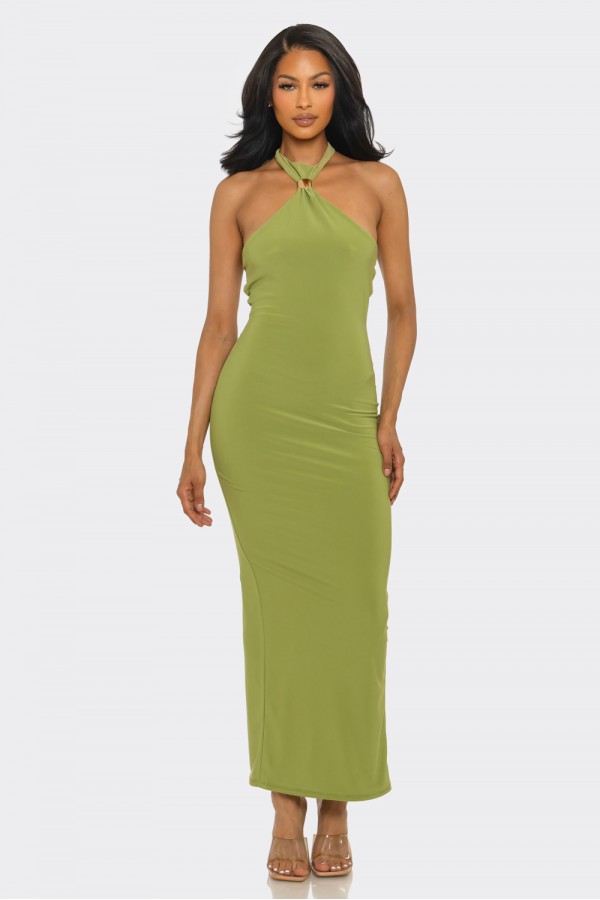 SHD3661 / Spring Haze<br/>Halter neck, low back, metal trim maxi dress