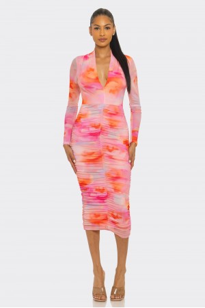 SHD3729 / Spring Haze<br/>Multi colored mesh, v-neck midi dress