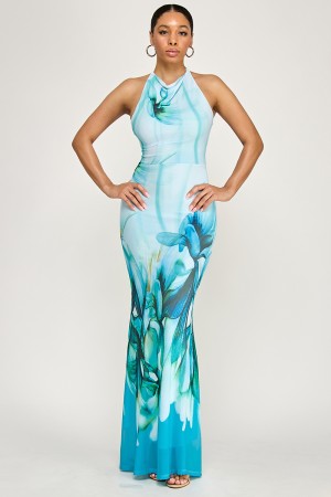 SHD3735 / Spring Haze<br/>Big flower mesh halter neck maxi dress