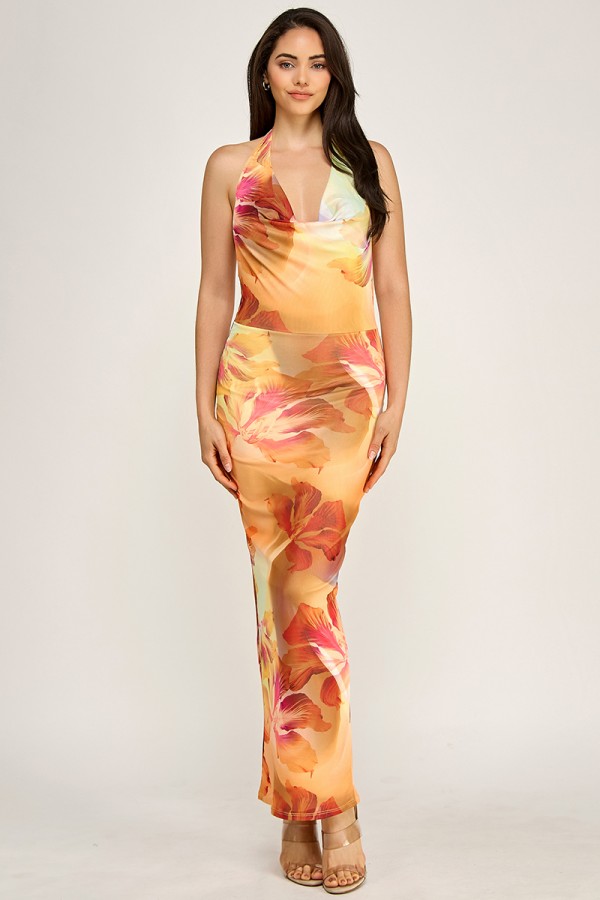 SHD3743-1 / Spring Haze<br/>Big flower, cowl neck, halter open back maxi dress