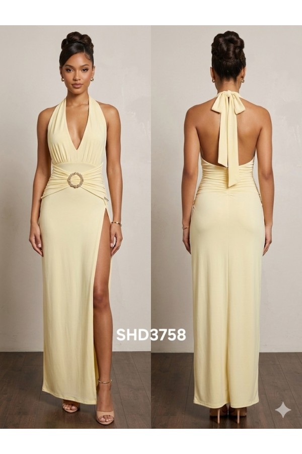 SHD3758ST / Spring Haze<br/>Halter, side open with gold trim maxi dress