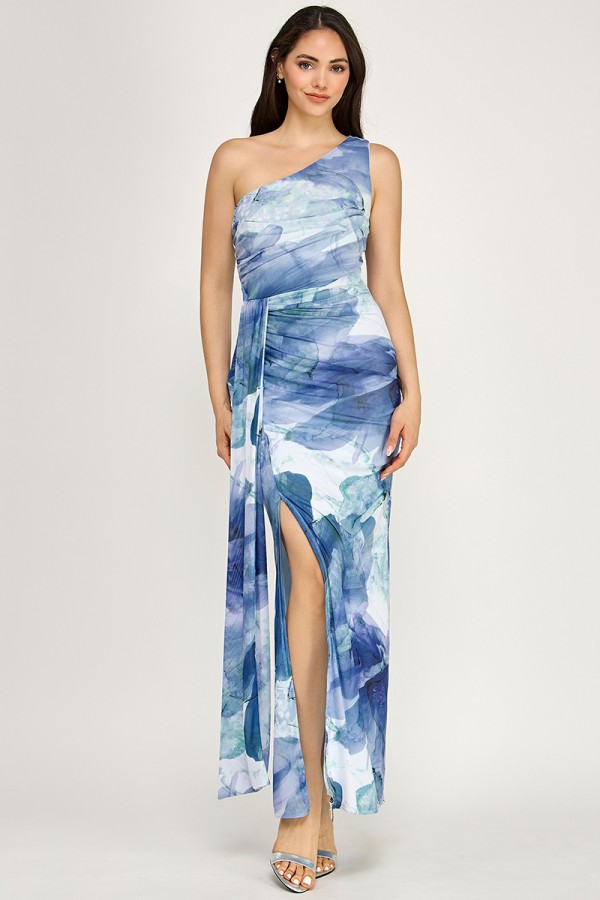 SHD3764 / Spring Haze<br/>Flower mesh print one shoulder maxi dress