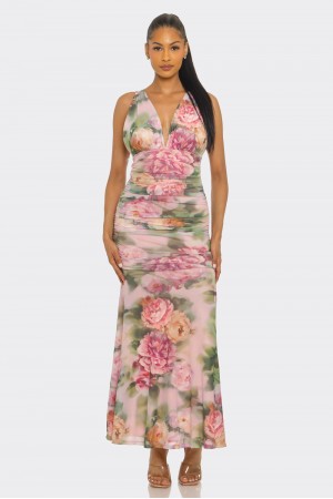 SHD3766 / Spring Haze<br/>Flower print mesh maxi dress