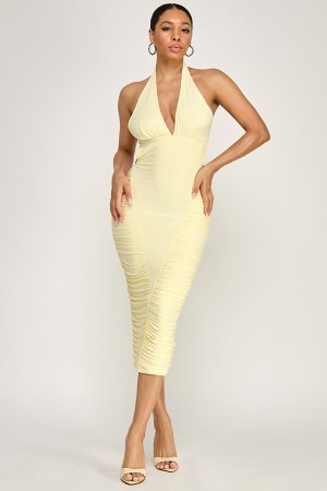 SHD3768 / Spring Haze<br/>Halter neck open back, shirring midi dress