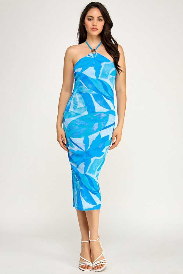 SHD3774 / Spring Haze<br/>Tropical print mesh midi dress