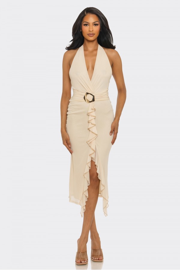 SHD3775 / Spring Haze<br/>Halter self tie front ruffle midi dress