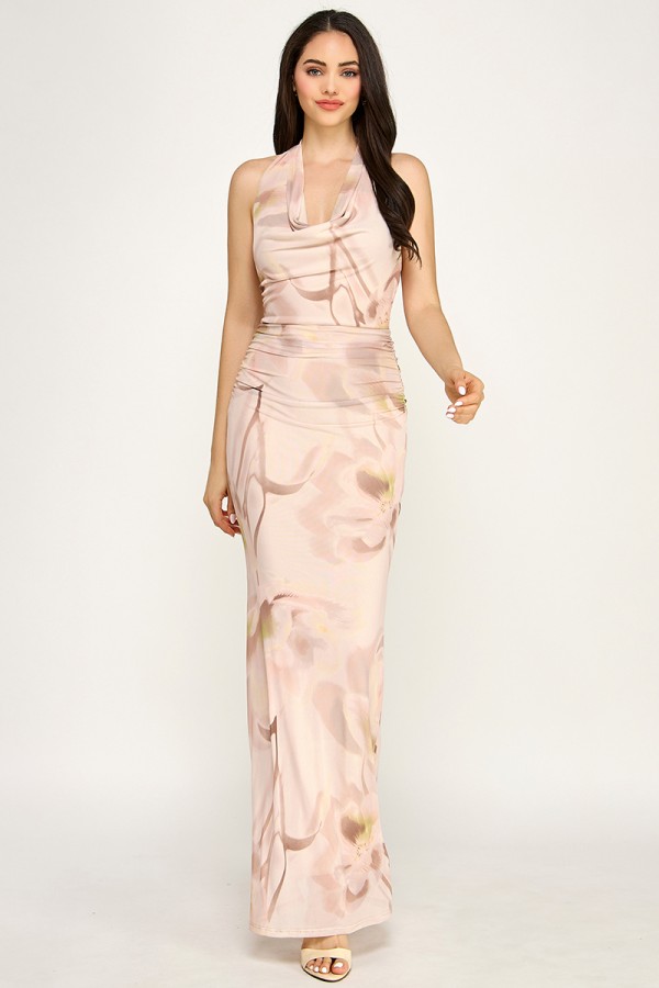 SHD3804 / Spring Haze<br/>Big flower mesh halter neck maxi dress