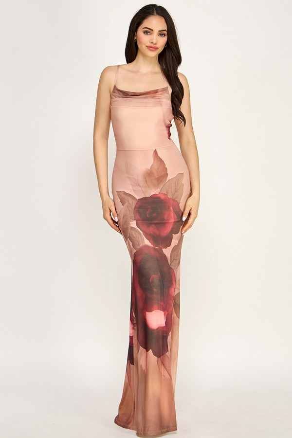 SHD3805 / Spring Haze<br/>Big flower print mesh maxi dress