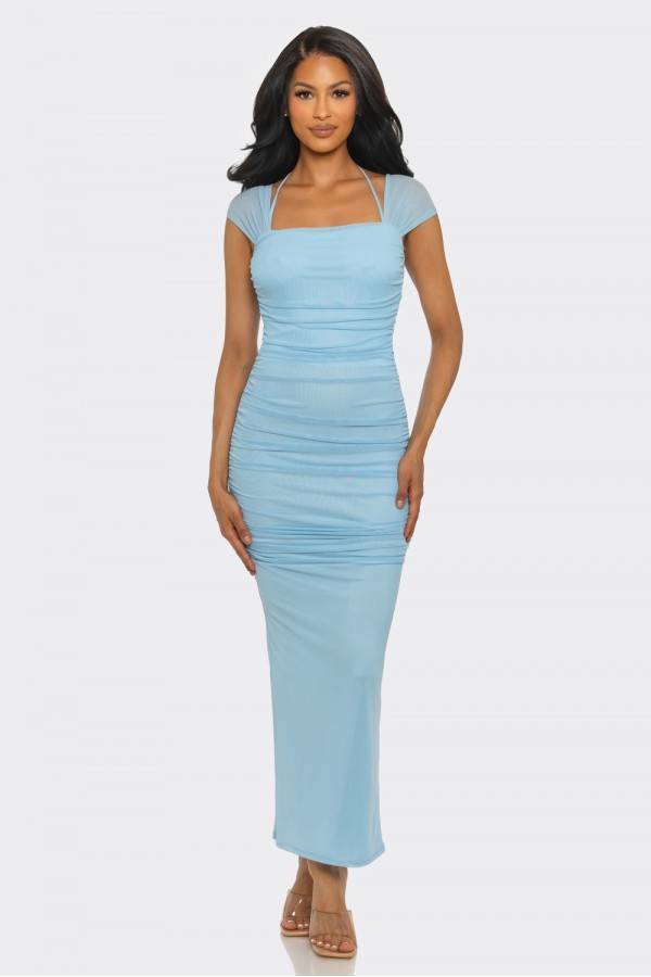 SHD3819 / Spring Haze<br/>Mesh shirring maxi dress