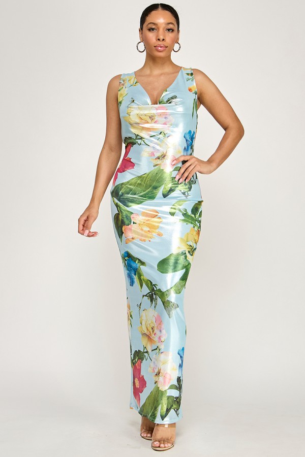 SHD3826 / Spring Haze<br/>Slinky foil flower print cowl neck mexi dress