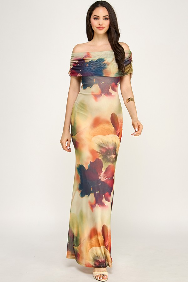 SHD3832 / Spring Haze<br/>Big flower mesh off shoulder maxi dress