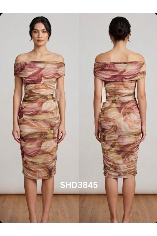 SHD3845 / Spring Haze<br/>Multi color, shirring midi mesh dress