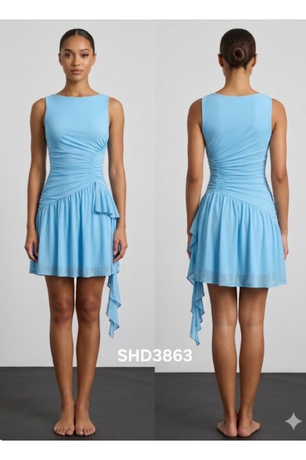 SHD3863 / Spring Haze<br/>Mesh, shirring, side sash mini dress