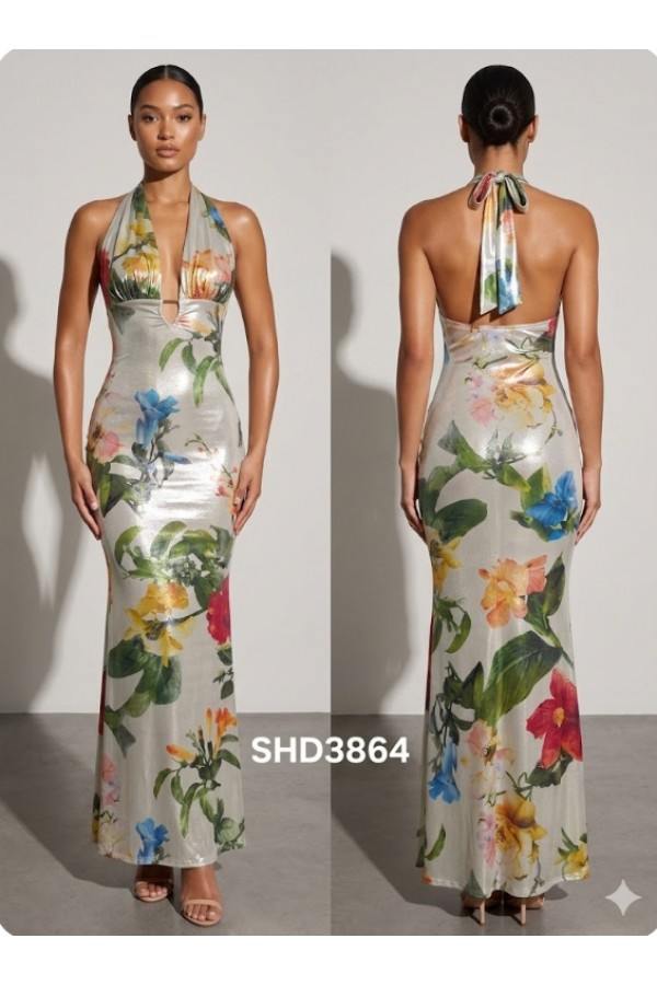 SHD3864 / Spring Haze<br/>Flower print foil halter neck mermaid maxi dress