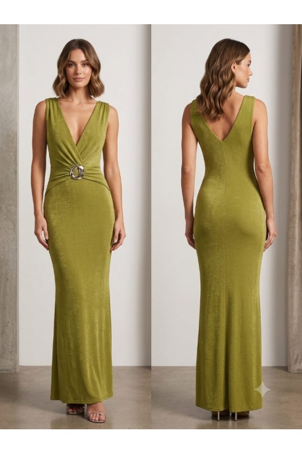 SHD3914 / Spring Haze<br/>V-neck and back, front trim maxi dress