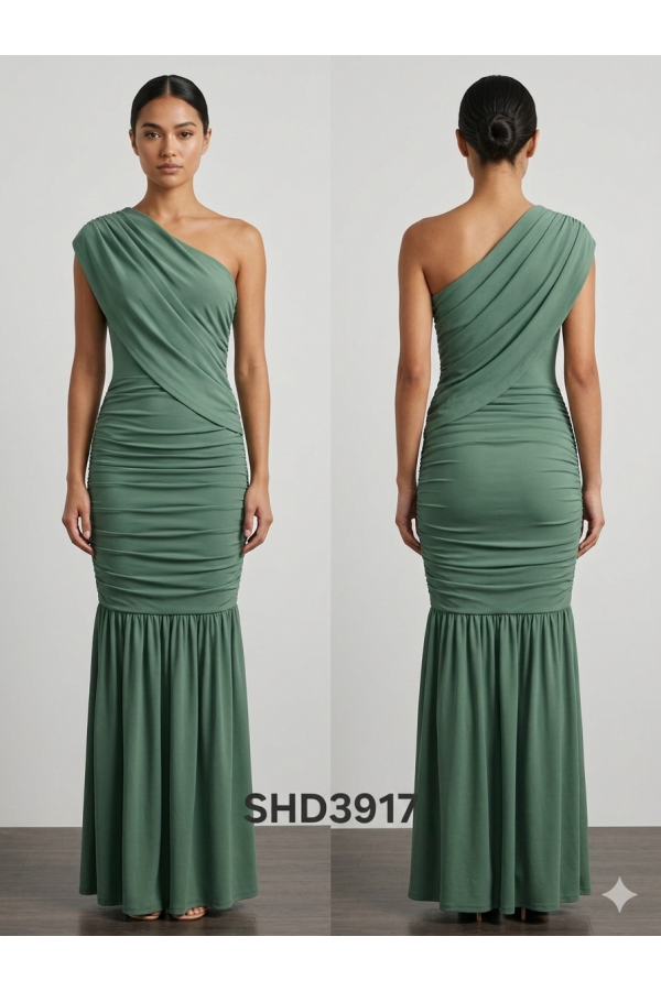 SHD3917 / Spring Haze<br/>Solid One shoulder shirring maxi dress