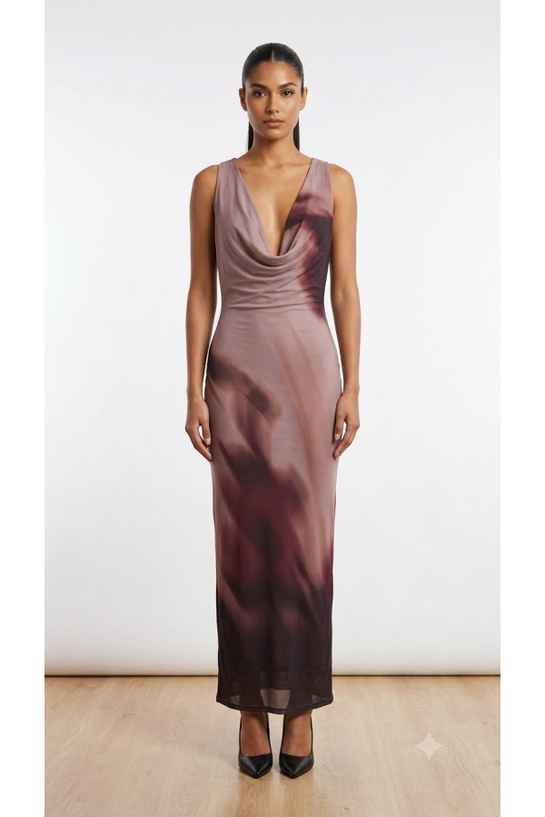 SHD3945 / Spring Haze<br/>Multi color cowl neck maxi mesh dress