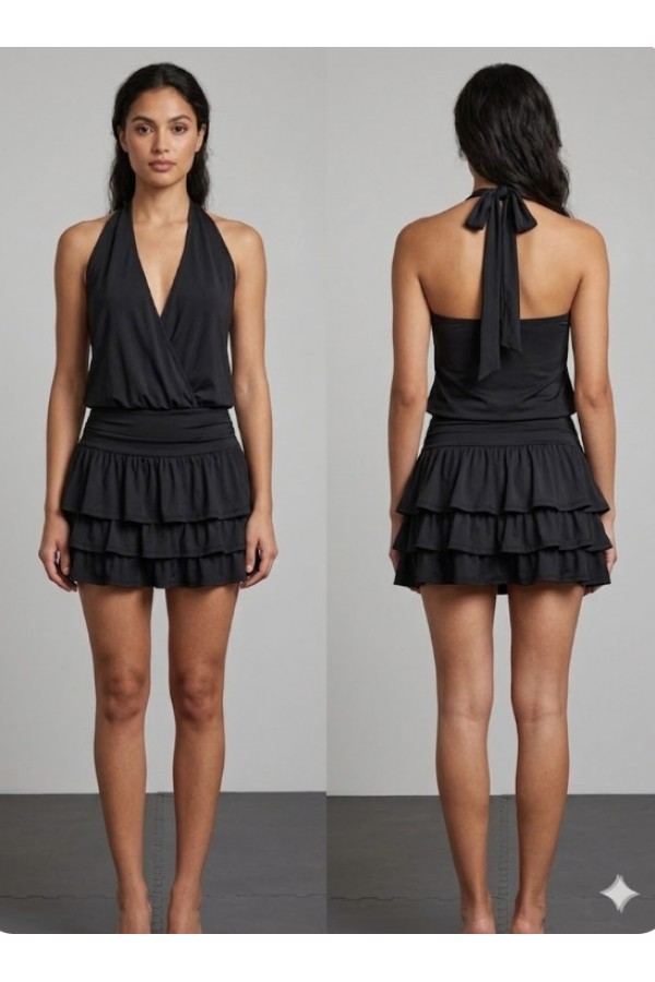 SHD3963 / Spring Haze<br/>Solid knit halter neck ruffled mini dress