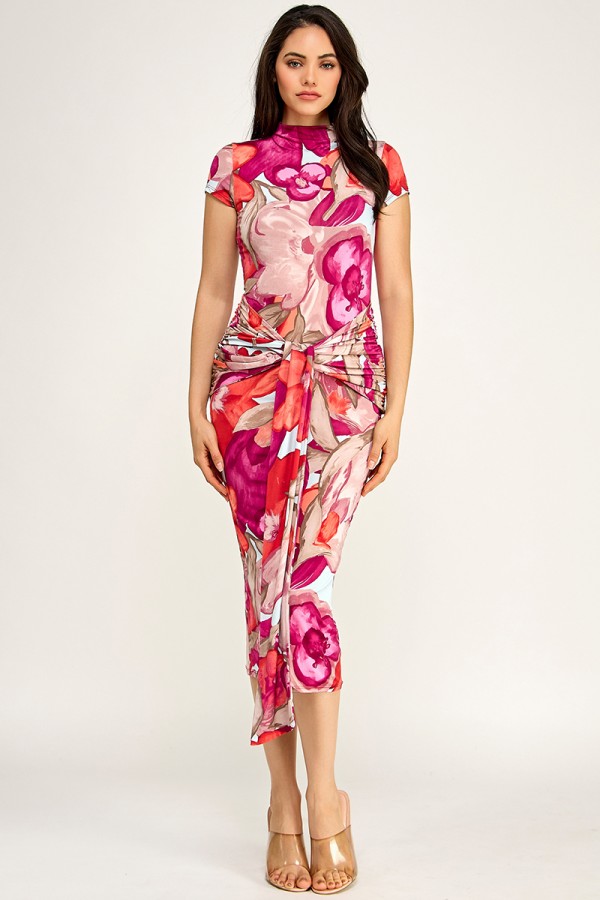 SHD4042 / Spring Haze<br/>Flower print, frint sash midi dress