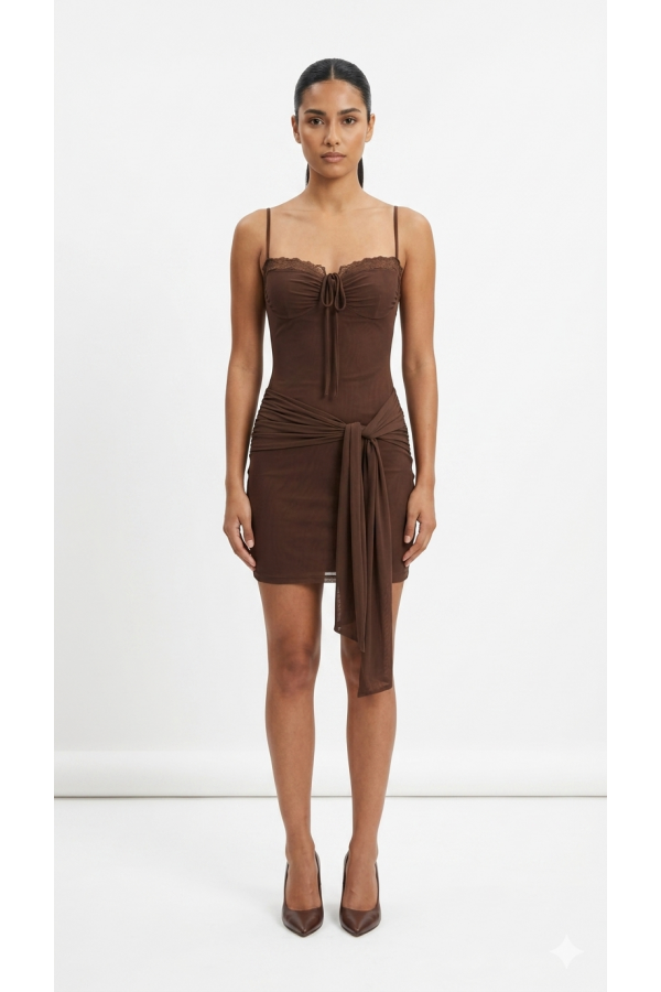 SHD4048 / Spring Haze<br/>Front sash sleeveless mini mesh dress