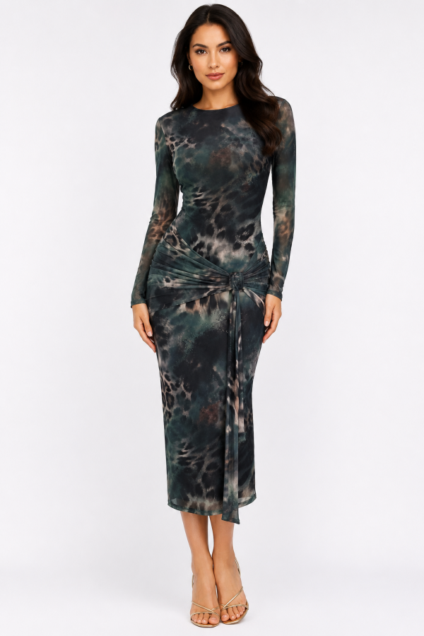 SHD4049 / Spring Haze<br/>Animal print mesh, front sash detail midi dress