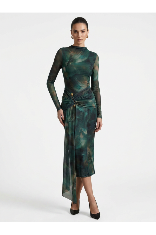 SHD4111 / Spring Haze<br/>Multi colored long sleeve front sash midi dress