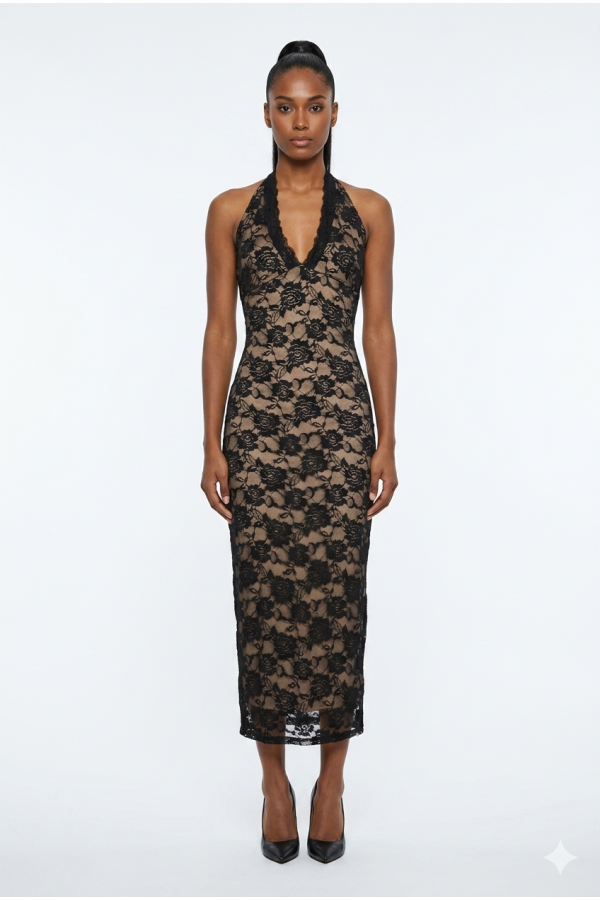 SHD4123 / Spring Haze<br/>Halter back tie, open back, lace midi dress