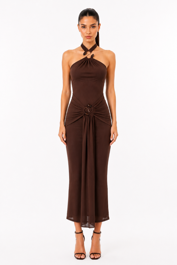 SHD4129 / Spring Haze<br/>2 gold trim mesh midi dress