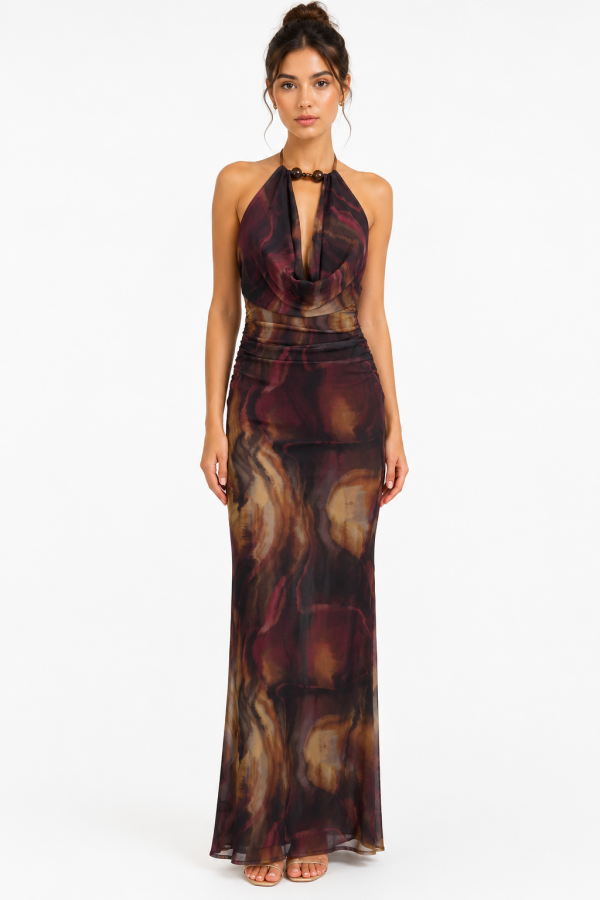SHD4145 / Spring Haze<br/>Multi color mesh with stone halter maxi dress