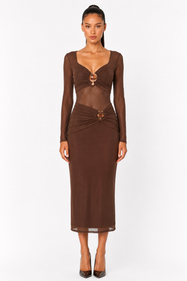 SHD4147 / Spring Haze<br/>Front trim mesh midi dress
