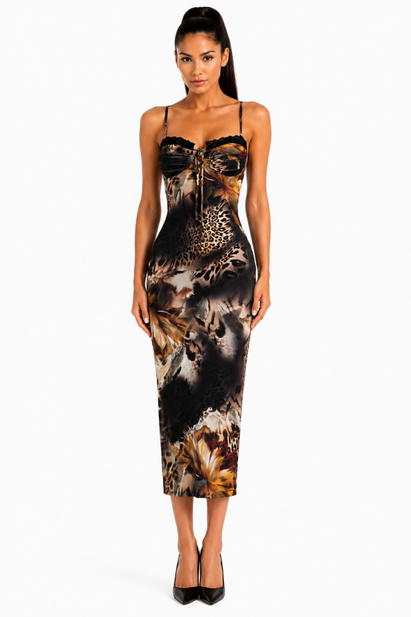 SHD4189 / Spring Haze<br/>Flower & Animal mesh midi dress