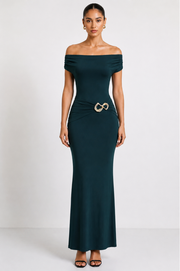 SHD4216 / Spring Haze<br/>Off shoulder, front gold trim maxi dress