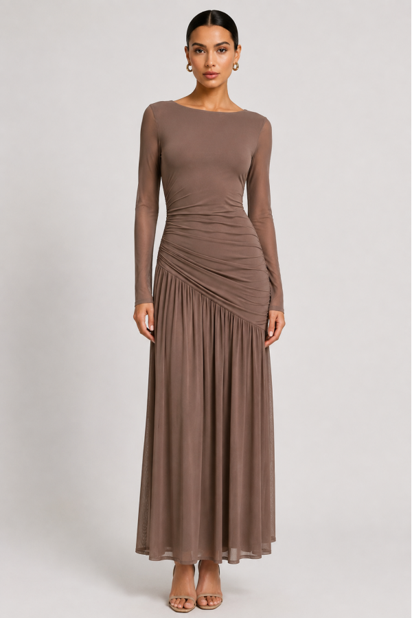 SHD4223 / Spring Haze<br/>Solid mesh flare maxi dress