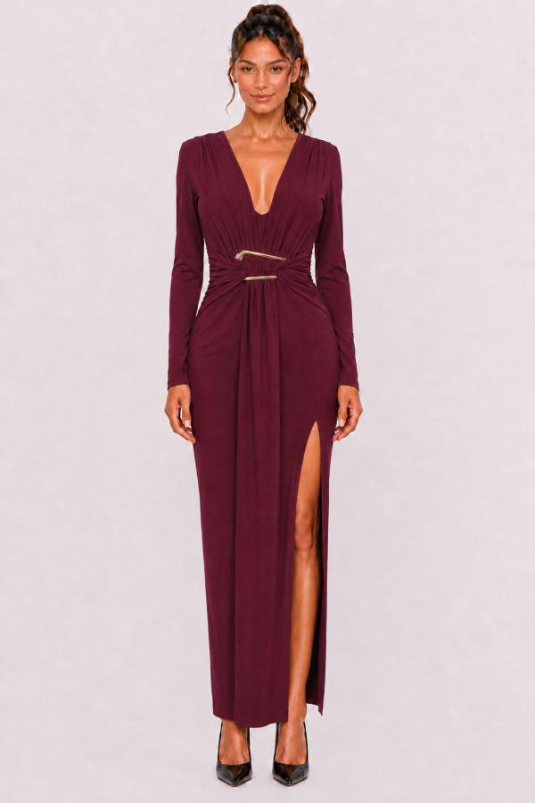 SHD4225 / Spring Haze<br/>Deep v-neck, trim maxi dress