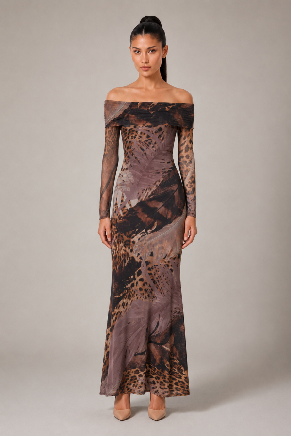 SHD4247 / Spring Haze<br/>Father & animal print Off shoulder maxi dress
