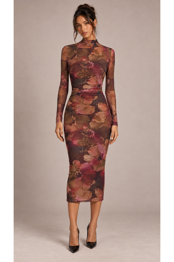 SHD4264 / Spring Haze<br/>Flower print mesh midi dress