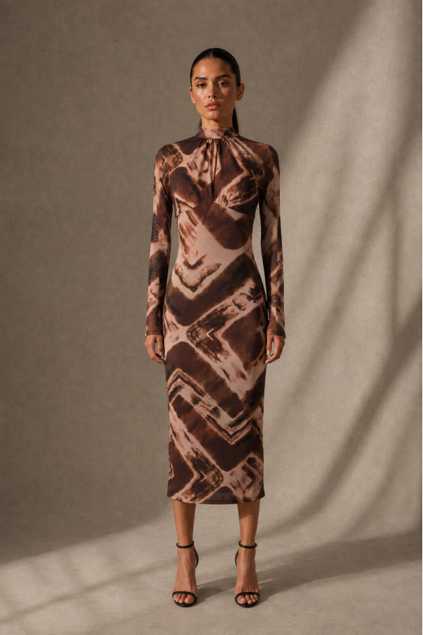 SHD4271 / Spring Haze<br/>Print mesh open back midi dress