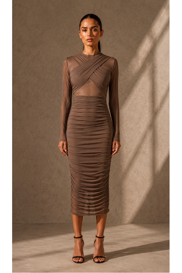 SHD4274 / Spring Haze<br/>Front cross, shirring midi dress