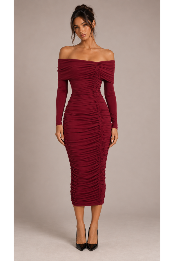 SHD4320 / Spring Haze<br/>Off shoulder shirring midi dress