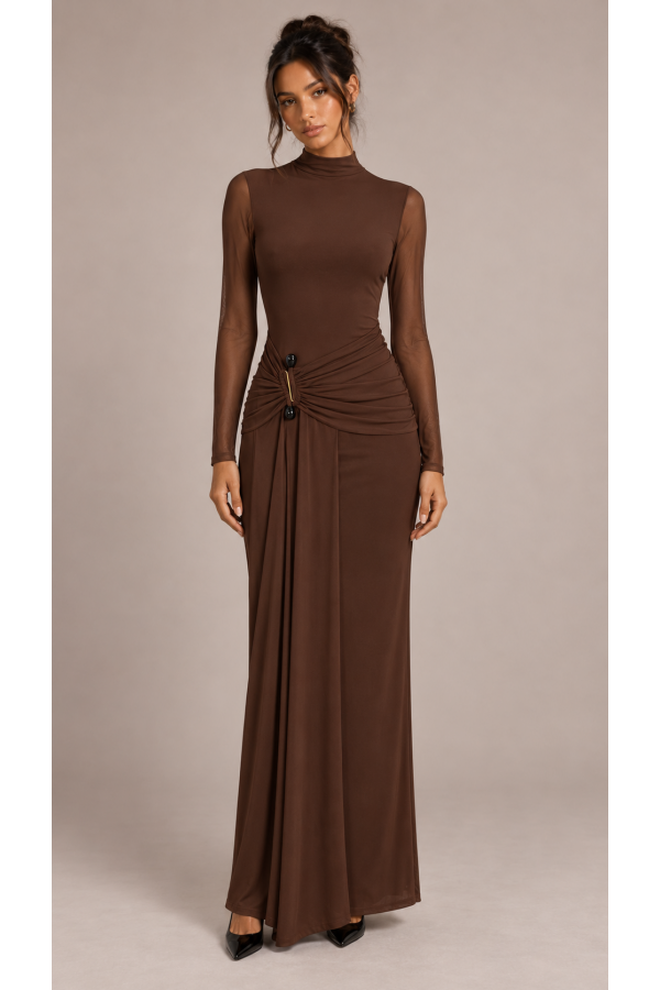 SHD4329 / Spring Haze<br/>Solid long sleeve front sash midi dress