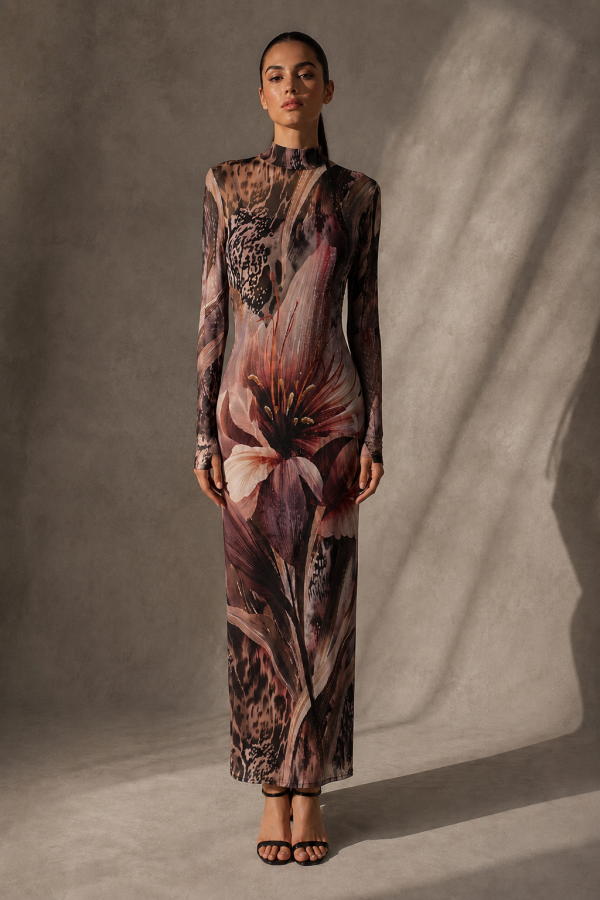 SHD4333 / Spring Haze<br/>Floral Animal Print Mock Neck Maxi Dress