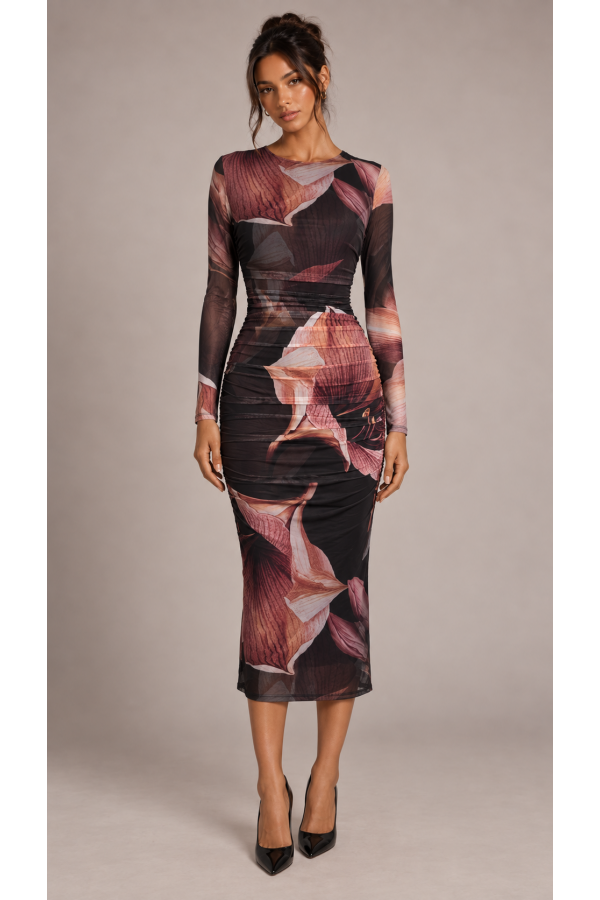 SHD4336 / Spring Haze<br/>Big flower mesh shirring midi dress